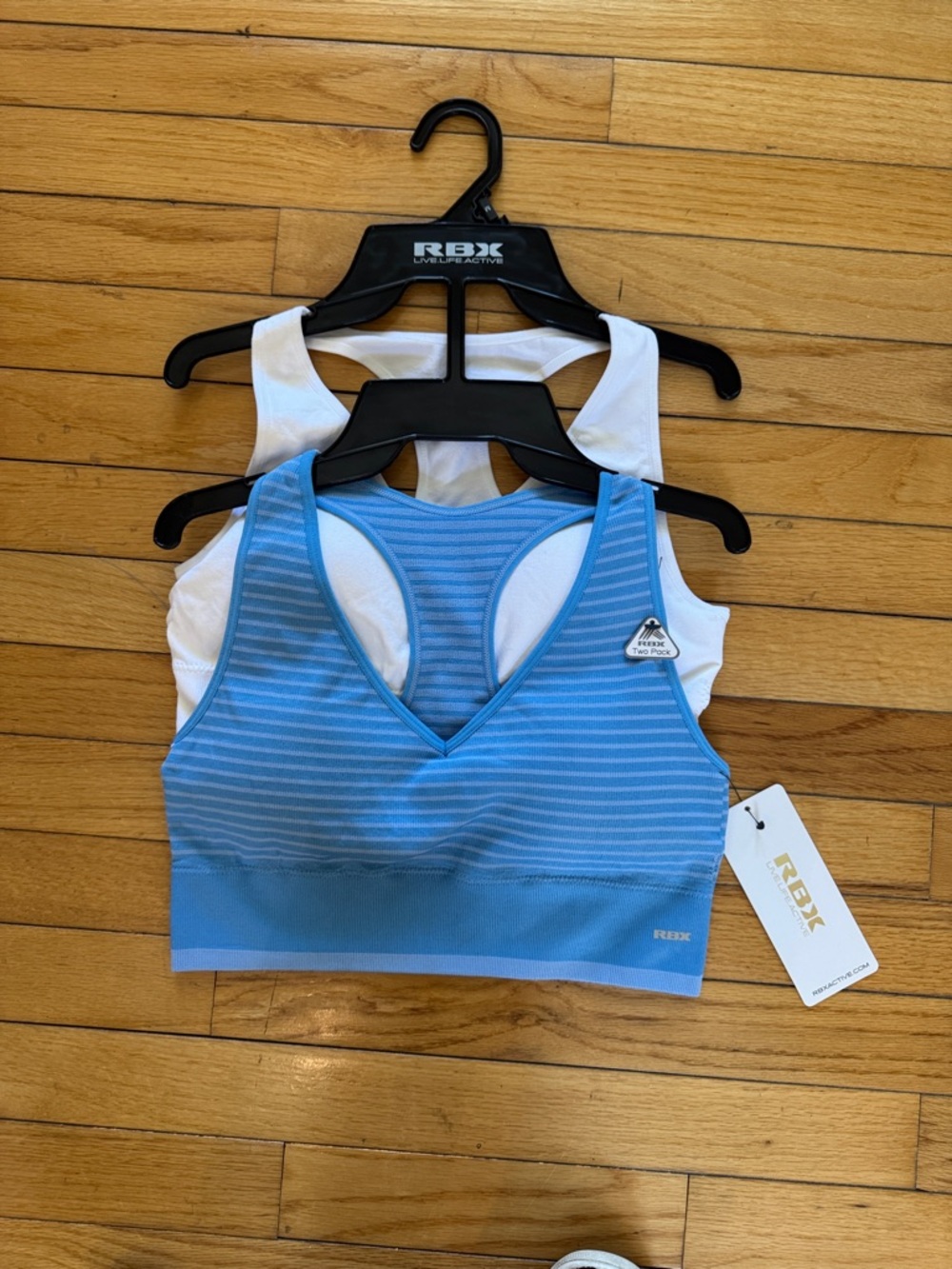 RBX Light Blue Striped Sports Bra with White Racerback Size Med